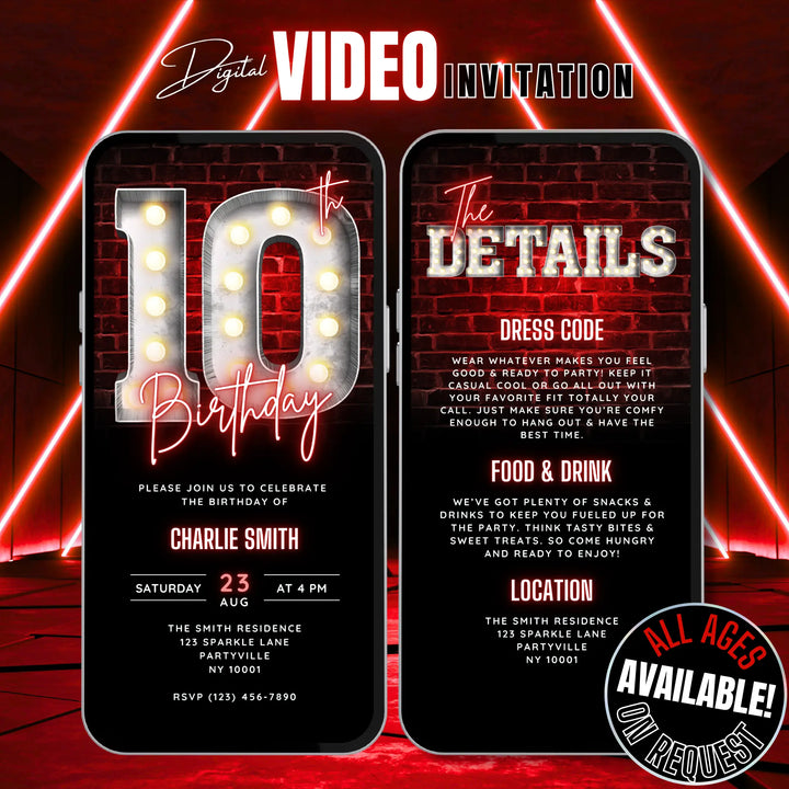 Neon Red 10th Birthday Invitation with Details – Editable Canva Template | Gaming, Sports, Disco or Movie Night Party