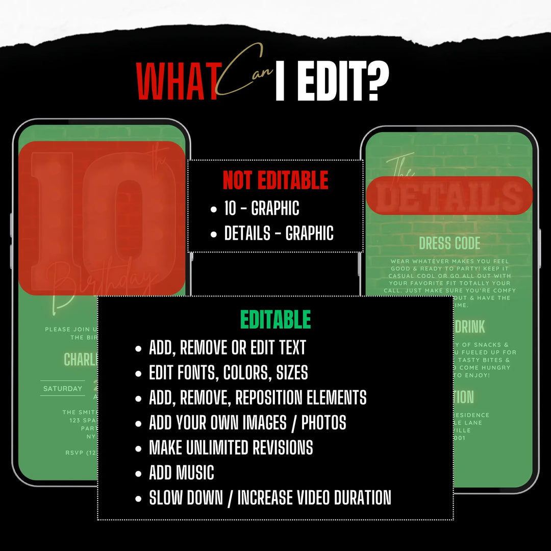 Neon Red 10th Birthday Invitation with Details – Editable Canva Template | Gaming, Sports, Disco or Movie Night Party