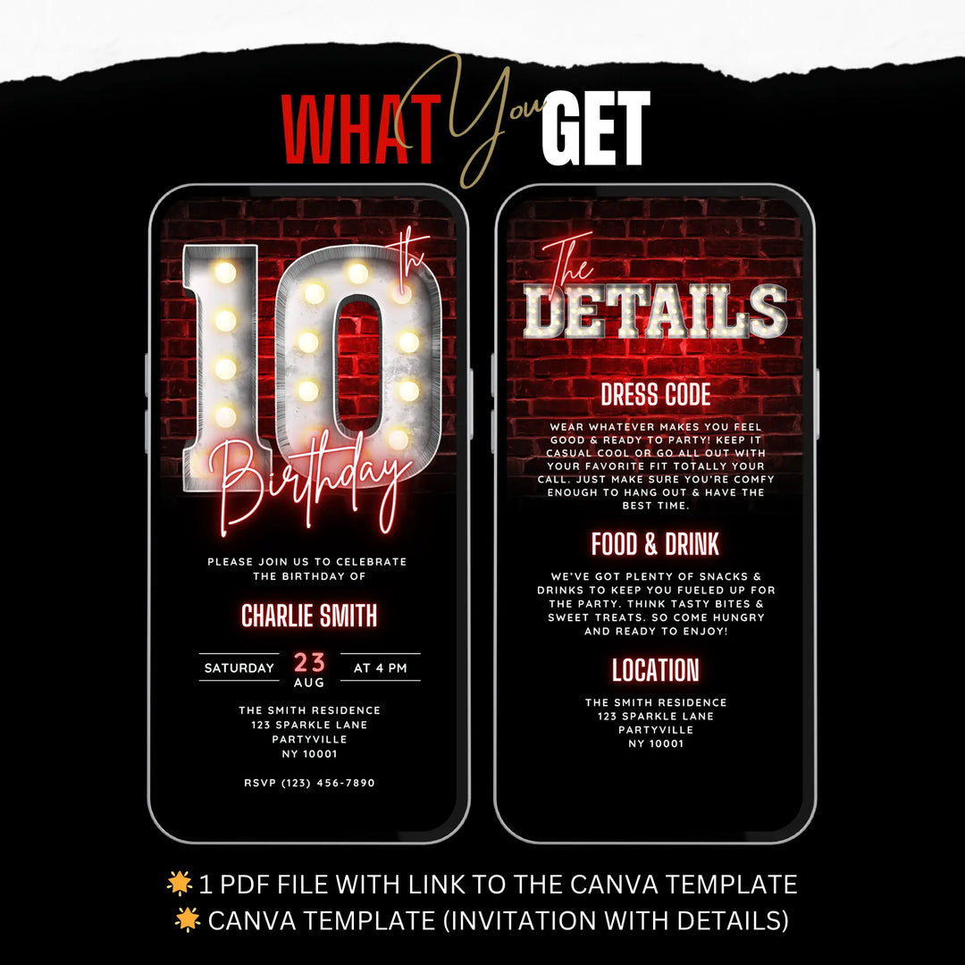 Neon Red 10th Birthday Invitation with Details – Editable Canva Template | Gaming, Sports, Disco or Movie Night Party