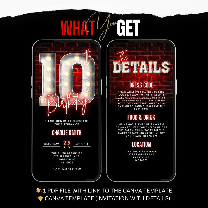Neon Red 10th Birthday Invitation with Details – Editable Canva Template | Gaming, Sports, Disco or Movie Night Party