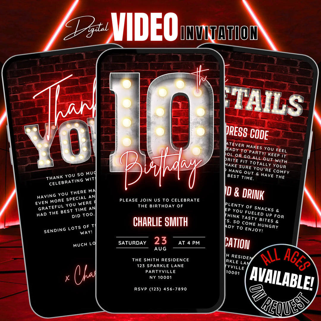 Neon Red 10th Birthday Invitation with Details and Thank You eCard – Editable Canva Template | Gaming, Sports, Disco or Movie Night Party