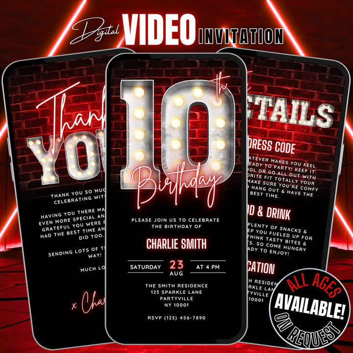 Neon Red 10th Birthday Invitation with Details and Thank You eCard – Editable Canva Template | Gaming, Sports, Disco or Movie Night Party