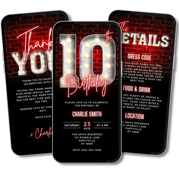 Neon Red 10th Birthday Invitation with Details and Thank You eCard – Editable Canva Template | Gaming, Sports, Disco or Movie Night Party