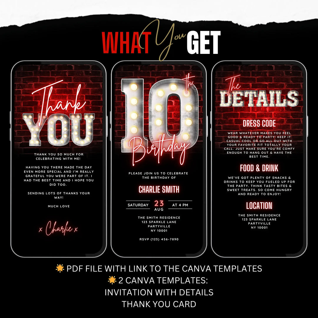 Neon Red 10th Birthday Invitation with Details and Thank You eCard – Editable Canva Template | Gaming, Sports, Disco or Movie Night Party