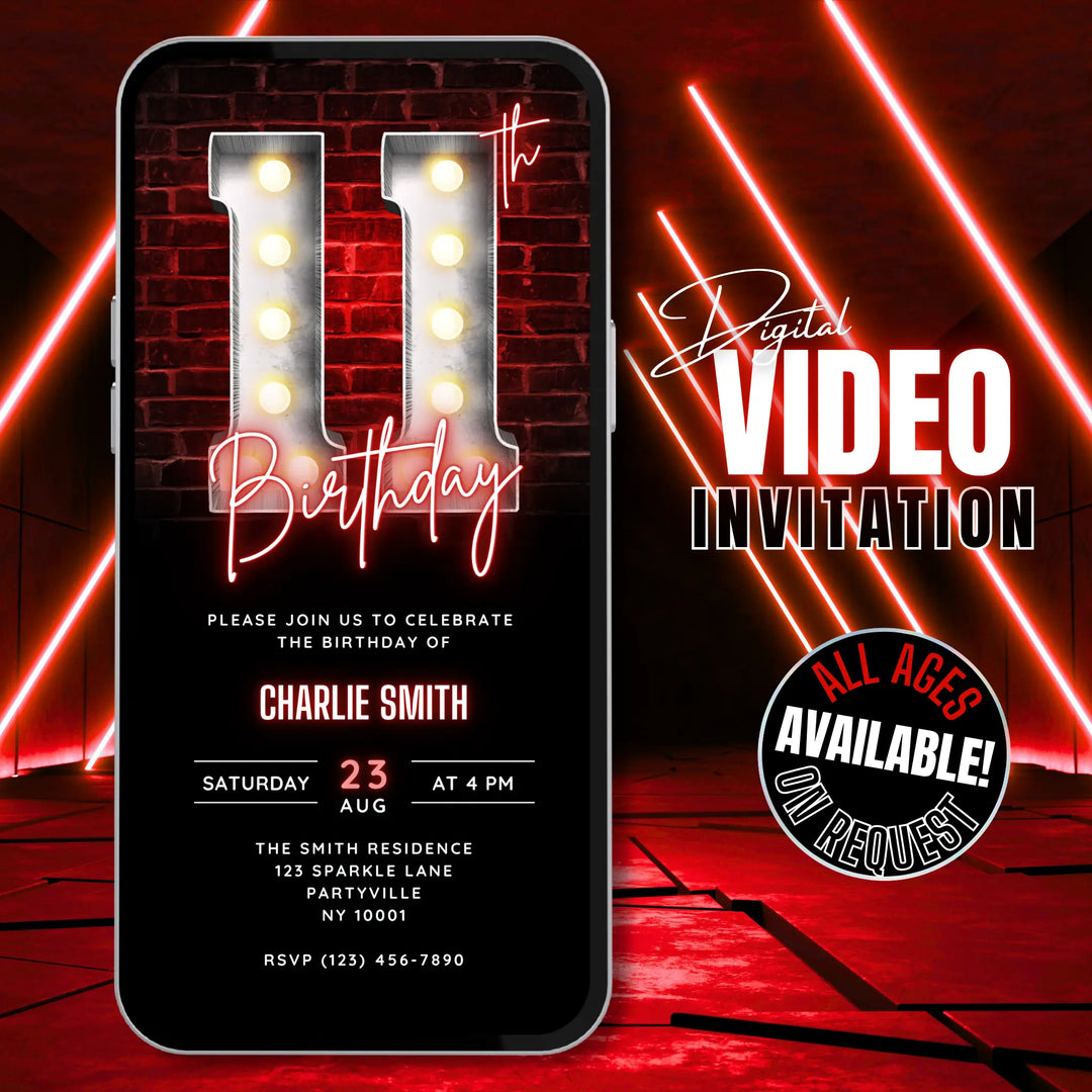 Neon Red 11th Birthday Invitation – Editable Digital Invite for Boys | Glow, Sports, Disco, or Gaming Party