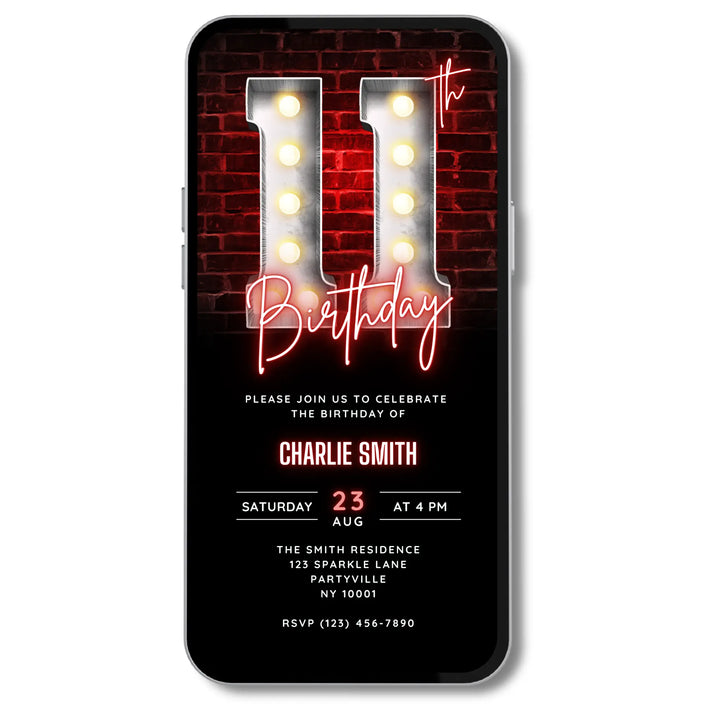 Neon Red 11th Birthday Invitation – Editable Digital Invite for Boys | Glow, Sports, Disco, or Gaming Party