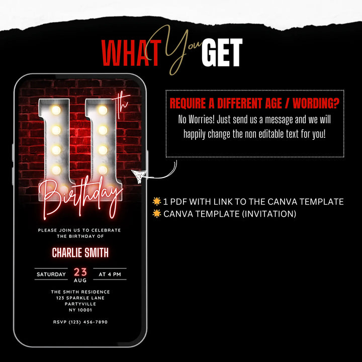 Neon Red 11th Birthday Invitation – Editable Digital Invite for Boys | Glow, Sports, Disco, or Gaming Party