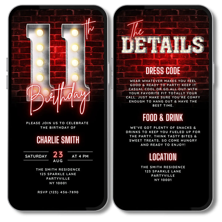 Animated Neon Red 11th Birthday Invitation with Details – Editable Canva Template