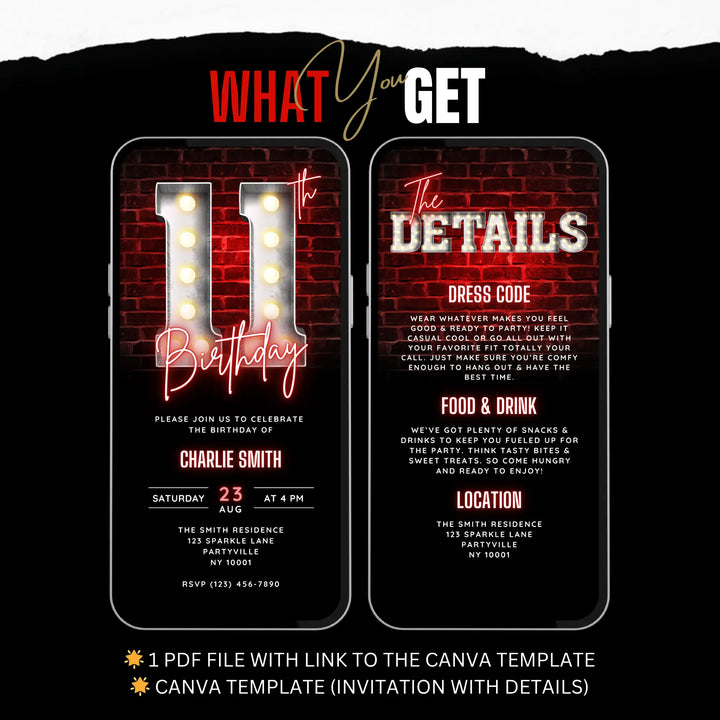 Animated Neon Red 11th Birthday Invitation with Details – Editable Canva Template