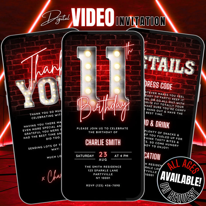 Boys Red 11th Birthday Invitation with Details and Thank You Card – Editable Canva Template | Gaming, Sports, Disco or Movie Night Party