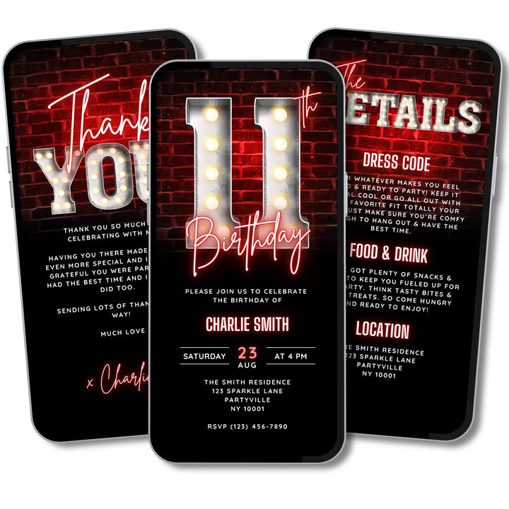 Boys Red 11th Birthday Invitation with Details and Thank You Card – Editable Canva Template | Gaming, Sports, Disco or Movie Night Party