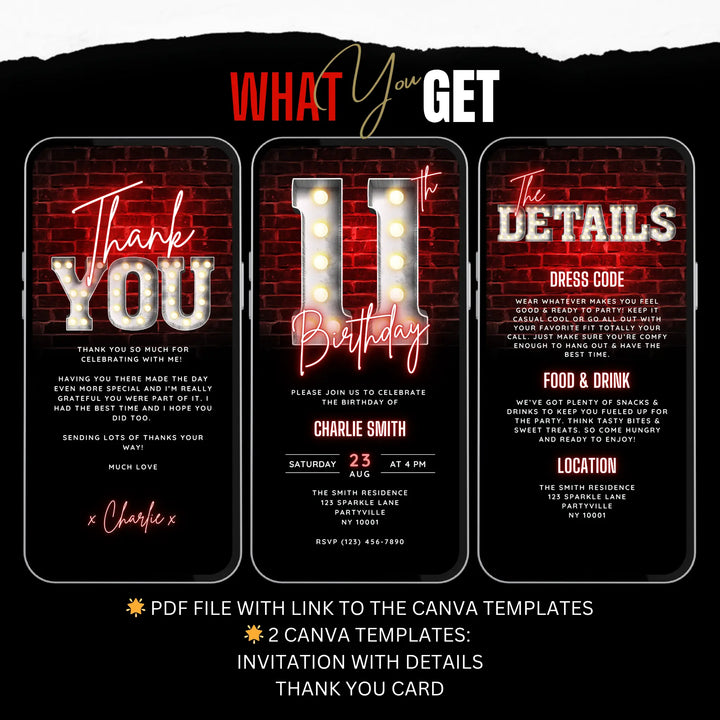 Boys Red 11th Birthday Invitation with Details and Thank You Card – Editable Canva Template | Gaming, Sports, Disco or Movie Night Party