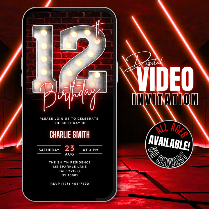 Neon Red 12th Birthday Invitation – Editable Canva Template | Tween Glow, Gaming or Sleepover Party