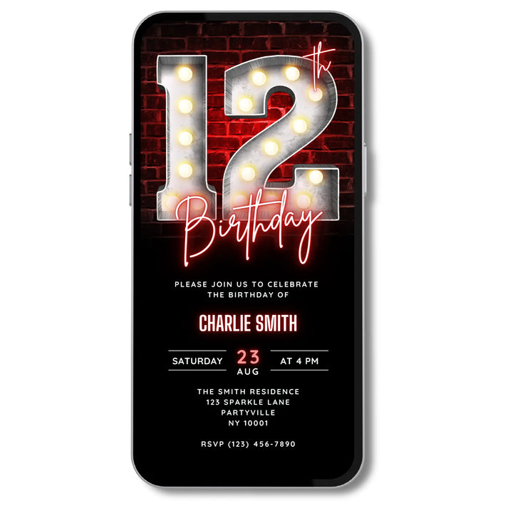 Neon Red 12th Birthday Invitation – Editable Canva Template | Tween Glow, Gaming or Sleepover Party