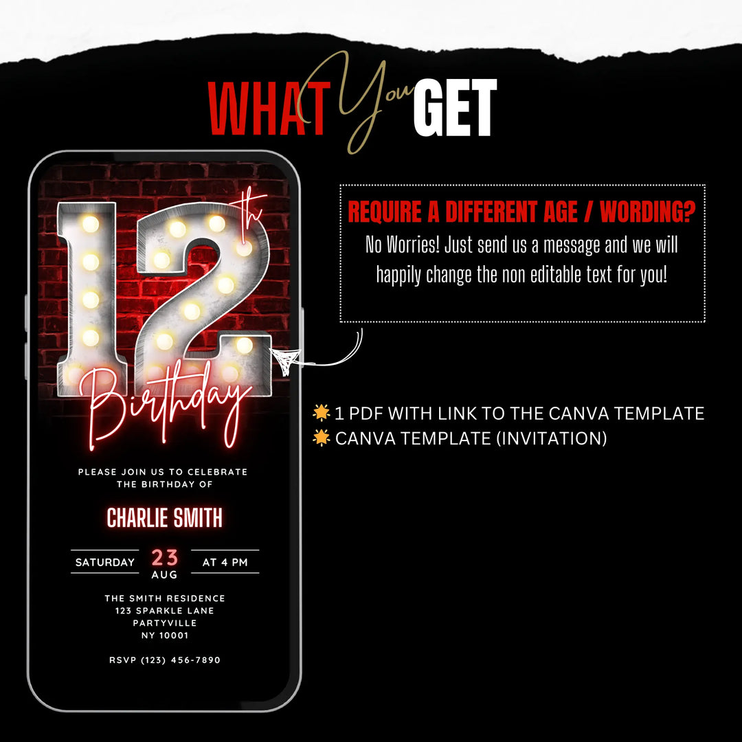 Neon Red 12th Birthday Invitation – Editable Canva Template | Tween Glow, Gaming or Sleepover Party