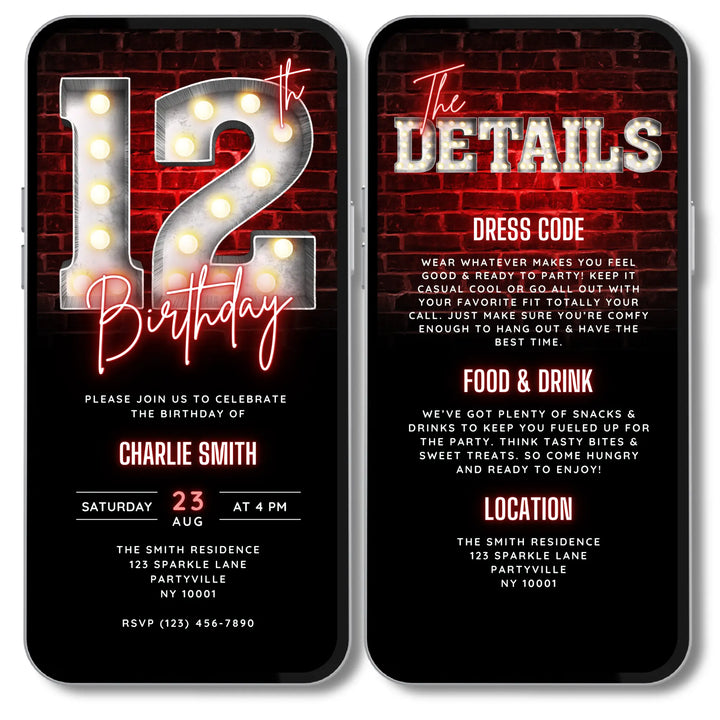 Animated Red 12th Birthday Invitation with Details – Editable Canva Template | Tween Glow, Gaming or Sleepover Party