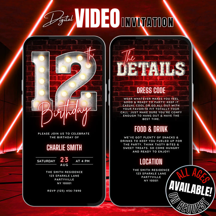 Animated Red 12th Birthday Invitation with Details – Editable Canva Template | Tween Glow, Gaming or Sleepover Party