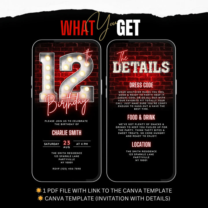 Animated Red 12th Birthday Invitation with Details – Editable Canva Template | Tween Glow, Gaming or Sleepover Party