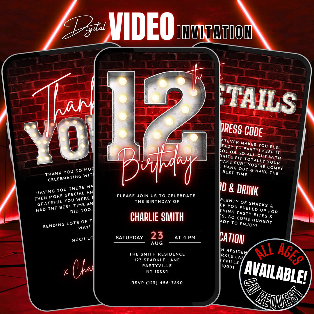 Red 12th Birthday Invitation with Details and Thank You Card – Editable Canva Template | Gaming, Sports, Disco or Movie Night Party