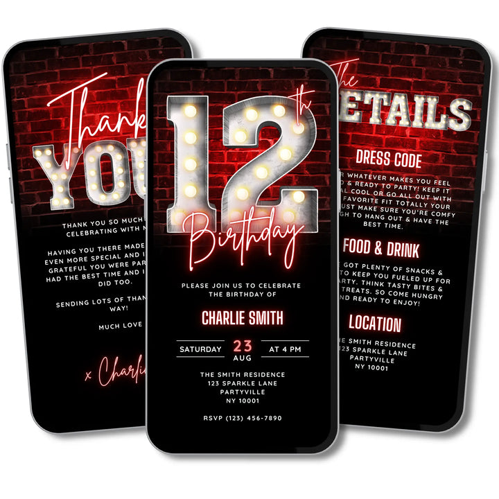 Red 12th Birthday Invitation with Details and Thank You Card – Editable Canva Template | Gaming, Sports, Disco or Movie Night Party