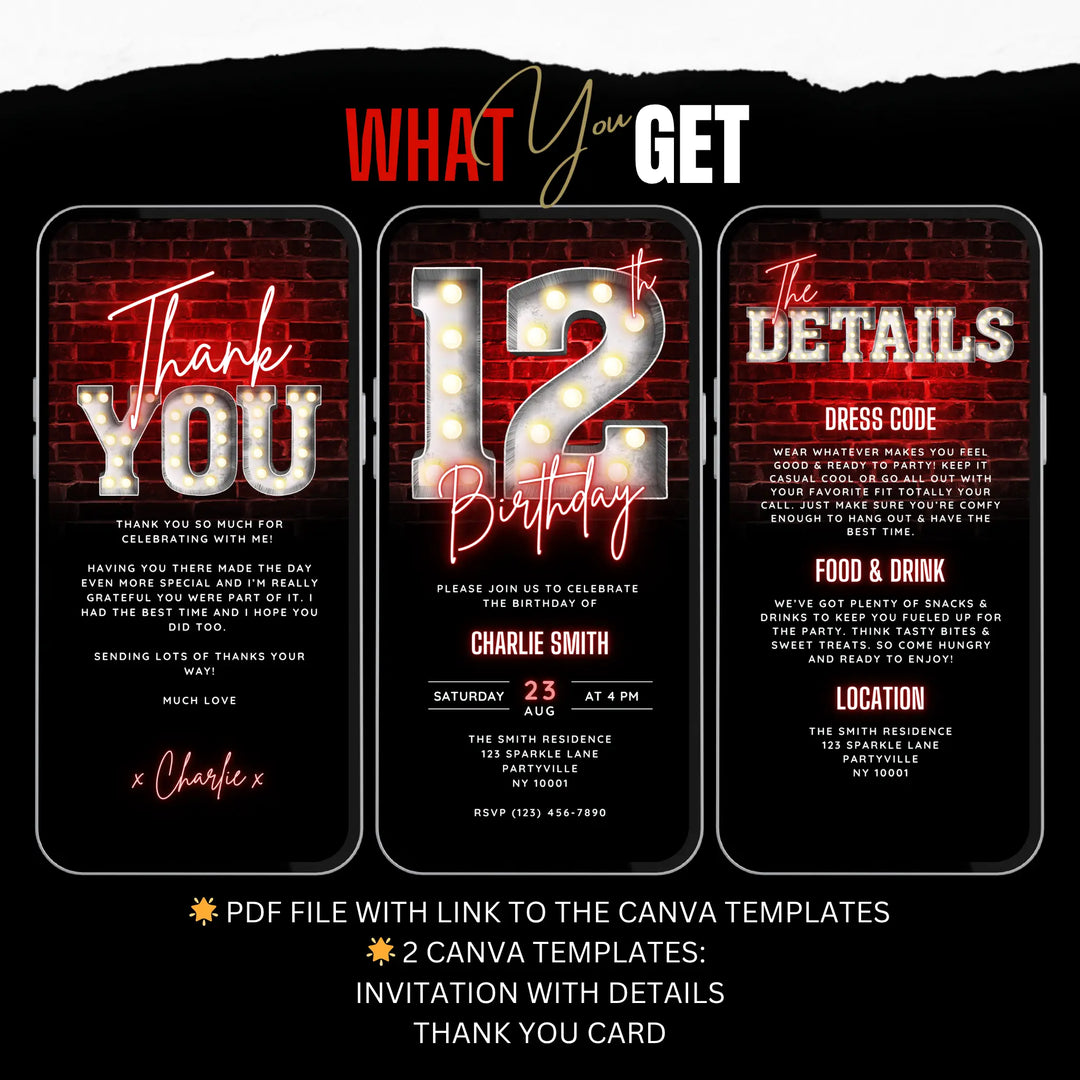 Red 12th Birthday Invitation with Details and Thank You Card – Editable Canva Template | Gaming, Sports, Disco or Movie Night Party