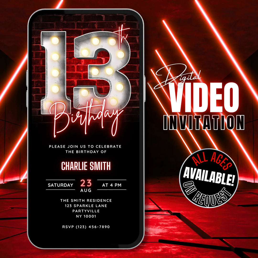 Animated Red 13th Birthday Invitation – Editable Digital Invite for Teens | Glow, Gaming or Urban Party