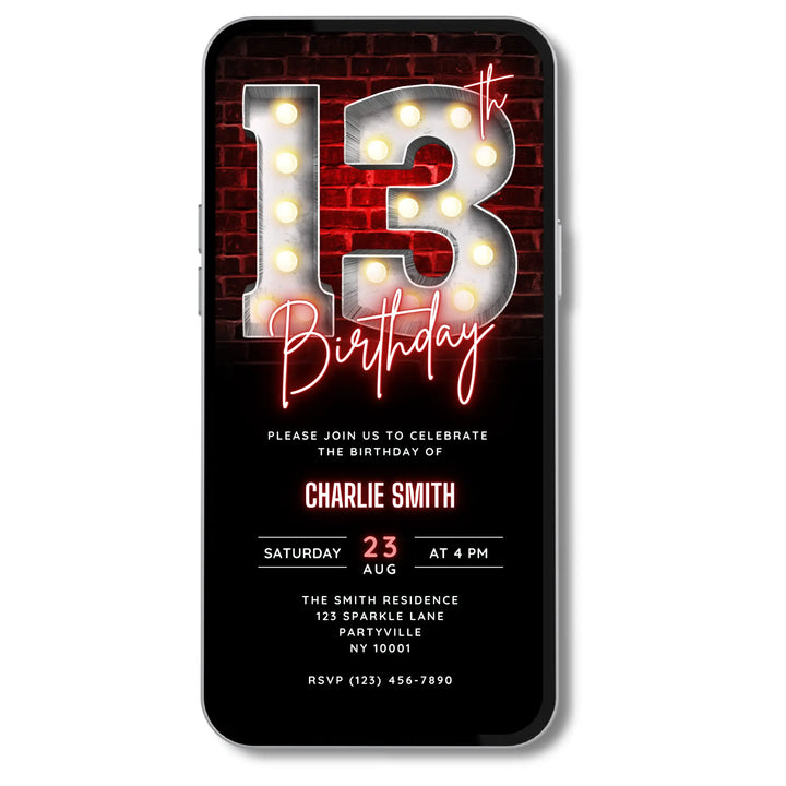 Animated Red 13th Birthday Invitation – Editable Digital Invite for Teens | Glow, Gaming or Urban Party