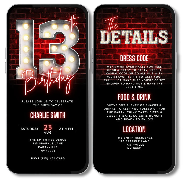 Neon Red 13th Birthday Invitation Video with Details – Editable Digital Invite for Teenagers