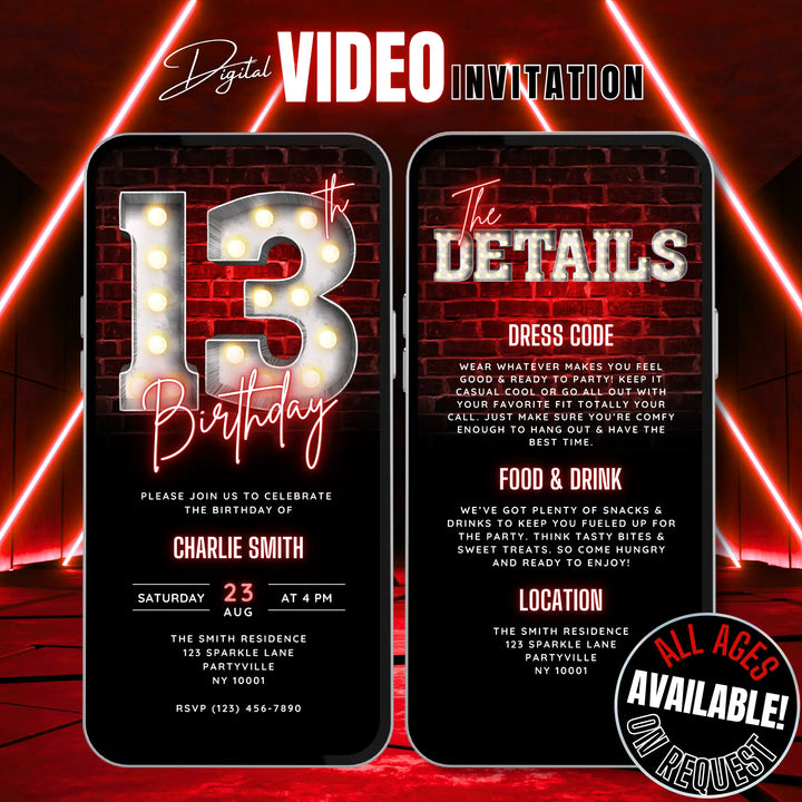 Neon Red 13th Birthday Invitation Video with Details – Editable Digital Invite for Teenagers