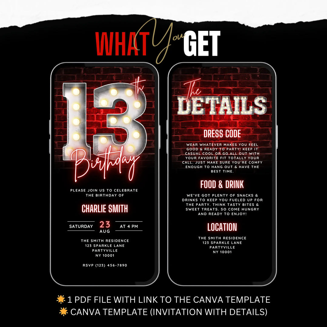 Neon Red 13th Birthday Invitation Video with Details – Editable Digital Invite for Teenagers
