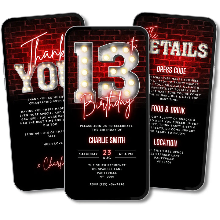 Animated 13th Birthday Invitation with Details and Thank You Card – Editable Canva Template