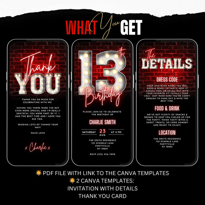 Animated 13th Birthday Invitation with Details and Thank You Card – Editable Canva Template