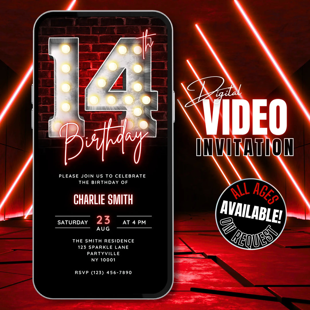 Animated Red 14th Birthday Invitation Video – Editable Canva Template