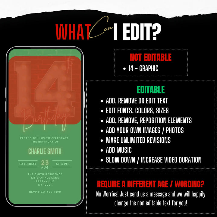 Animated Red 14th Birthday Invitation Video – Editable Canva Template