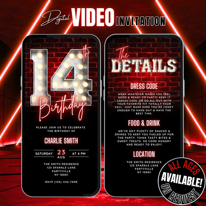 Animated Red 14th Birthday Invitation with Details – Editable Digital Invite for Teens