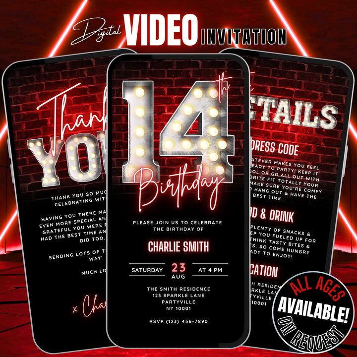 14th Birthday Video Invitation with Details and Thank You Card – Editable Canva Template