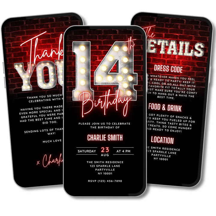 14th Birthday Video Invitation with Details and Thank You Card – Editable Canva Template