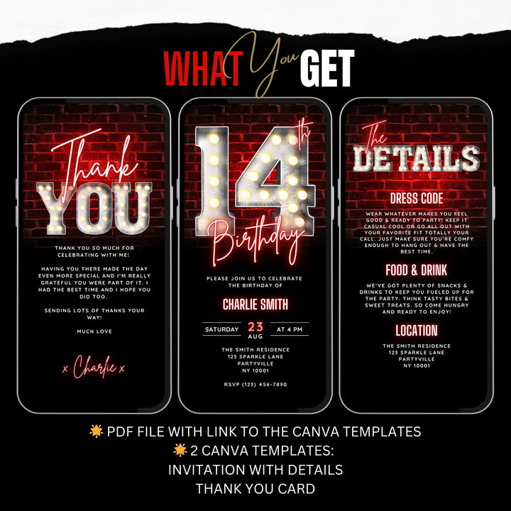 14th Birthday Video Invitation with Details and Thank You Card – Editable Canva Template