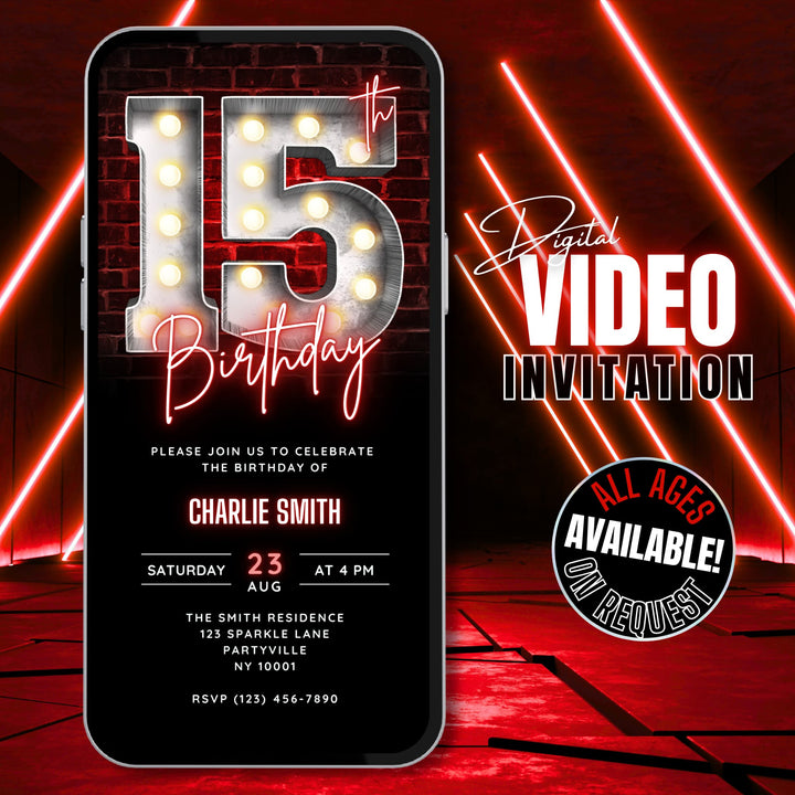 Neon Animated Red 15th Birthday Invitation – Editable Canva Template