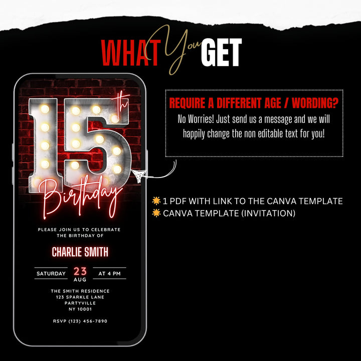 Neon Animated Red 15th Birthday Invitation – Editable Canva Template