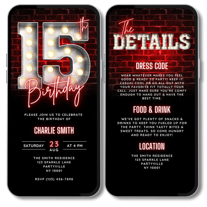 Animated Red 15th Birthday Invitation with Details – Editable Digital Invite for Teenagers