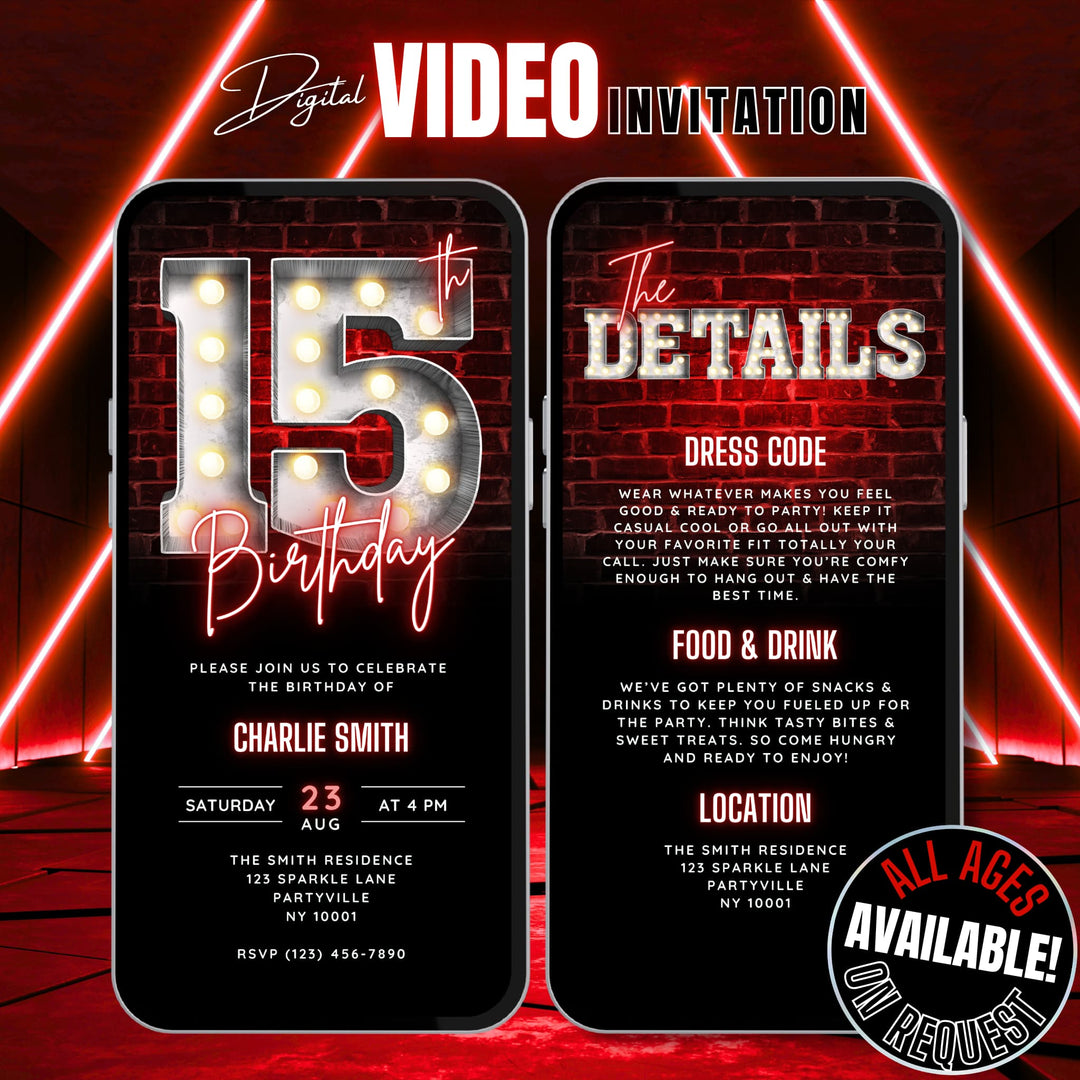 Animated Red 15th Birthday Invitation with Details – Editable Digital Invite for Teenagers