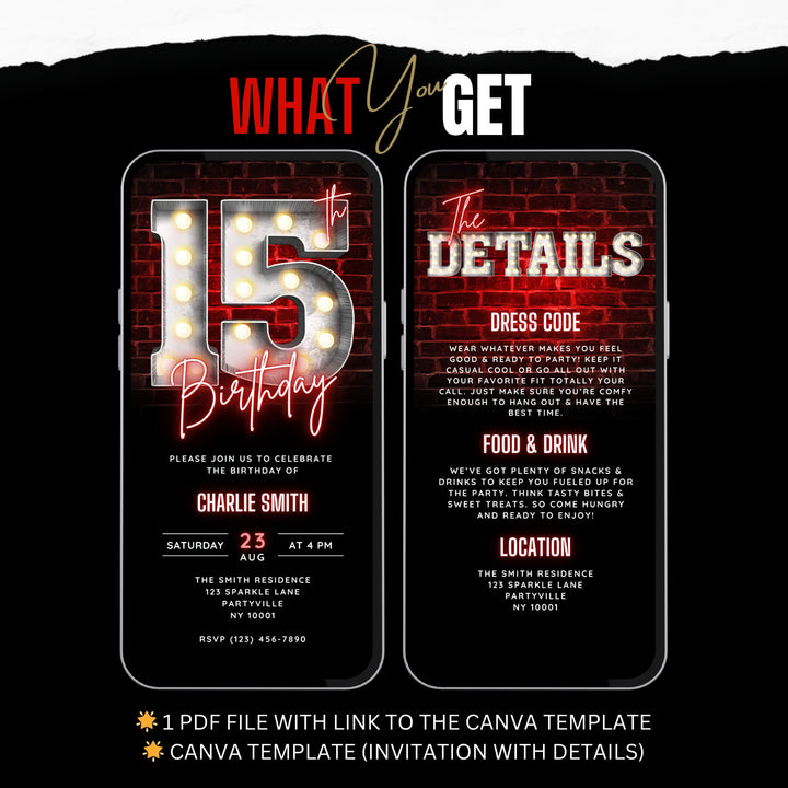 Animated Red 15th Birthday Invitation with Details – Editable Digital Invite for Teenagers