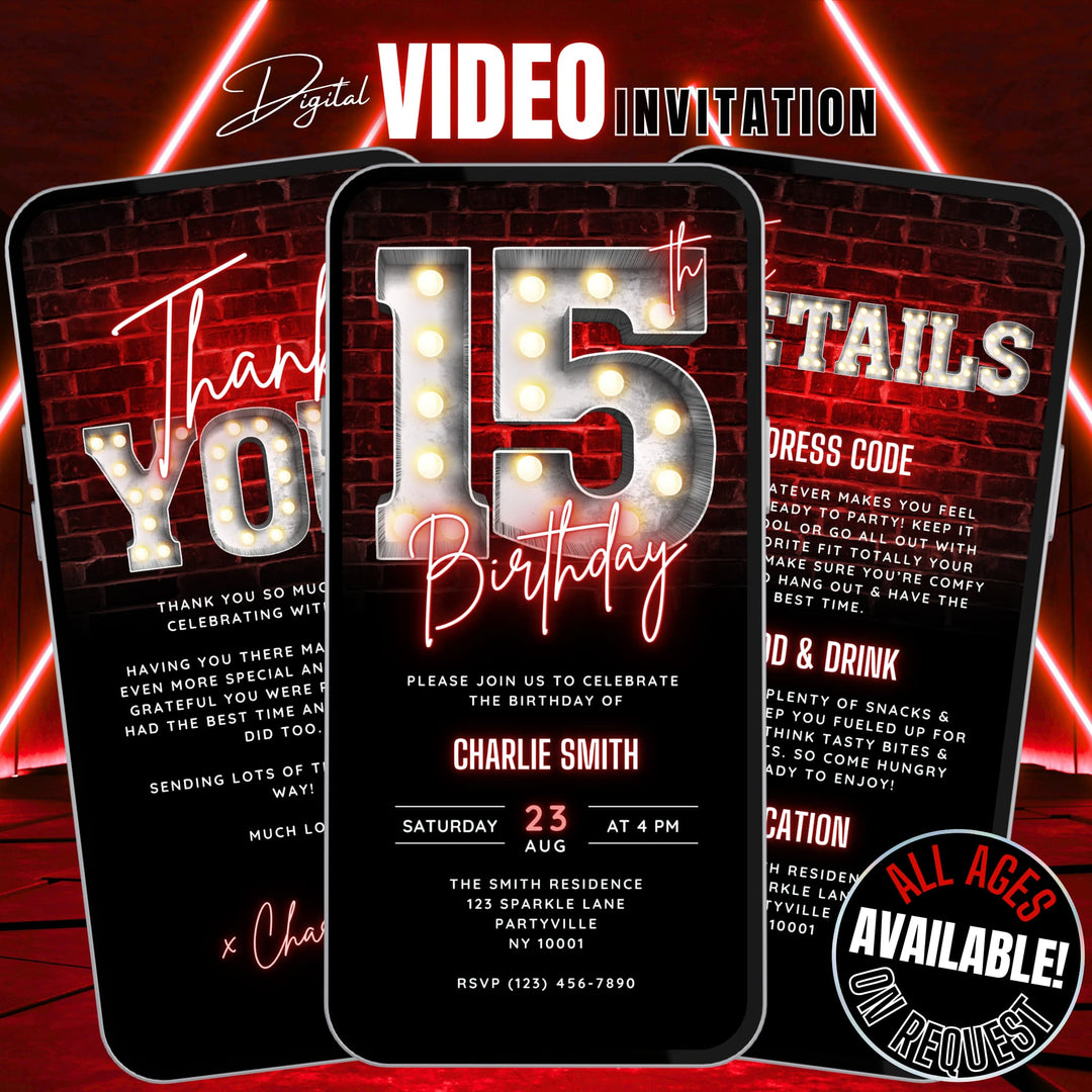 15th Birthday Video Invitation with Details and Thank You Card – Editable Canva Template
