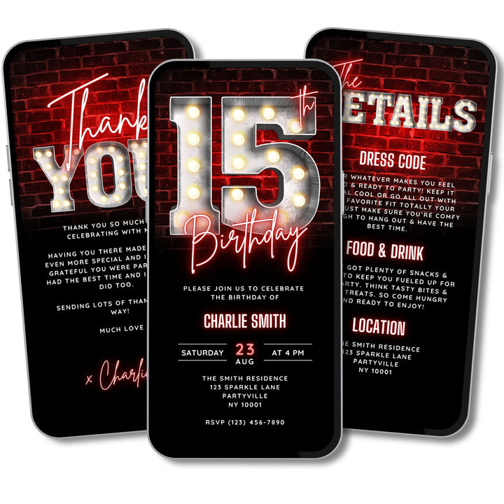 15th Birthday Video Invitation with Details and Thank You Card – Editable Canva Template