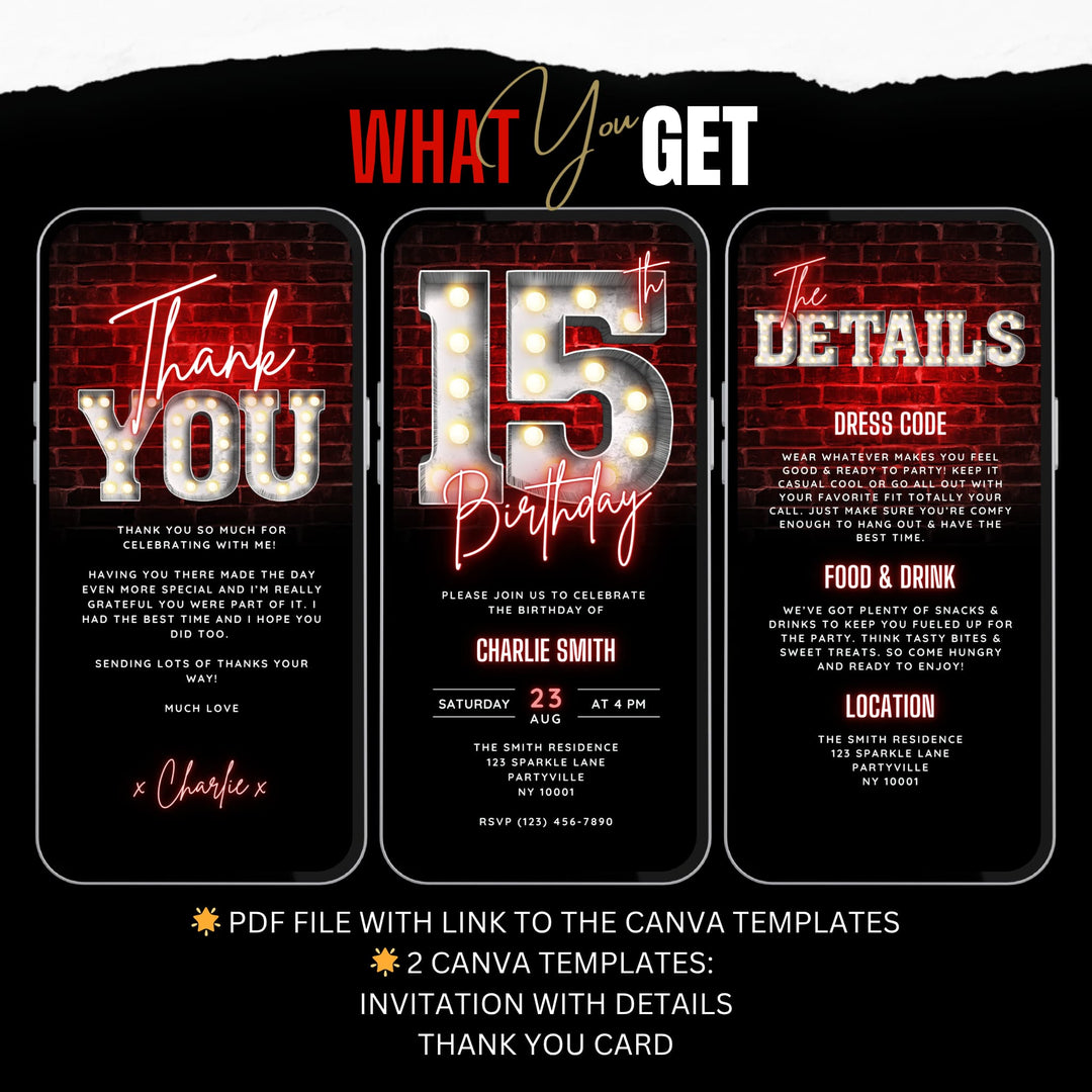 15th Birthday Video Invitation with Details and Thank You Card – Editable Canva Template