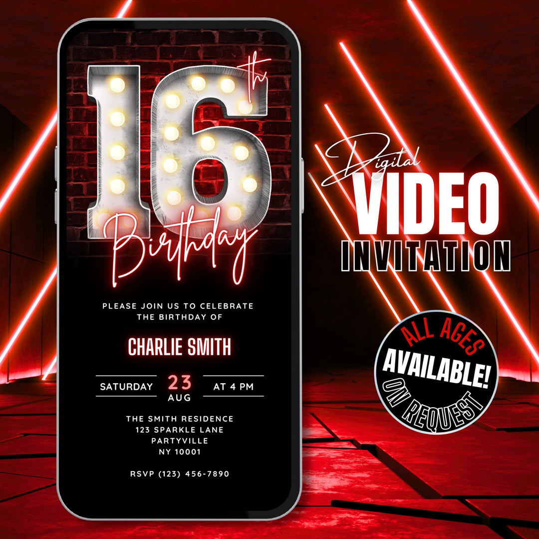 Animated Red 16th Birthday Invitation Video – Editable Canva Template