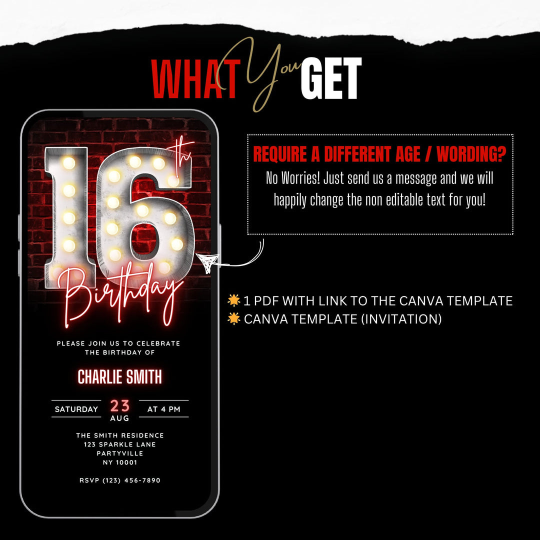 Animated Red 16th Birthday Invitation Video – Editable Canva Template