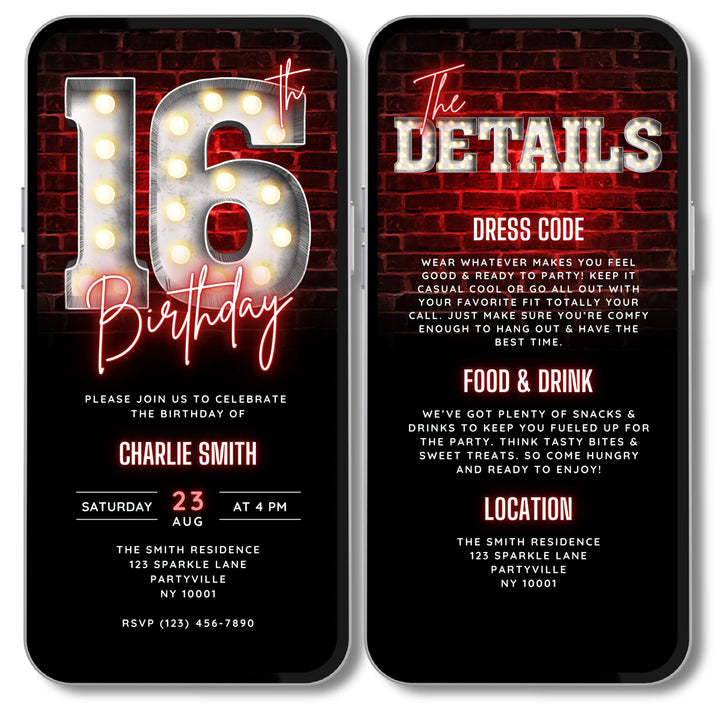 Red Sweet 16 Birthday Invitation with Details – Editable Digital Invite for Teenagers