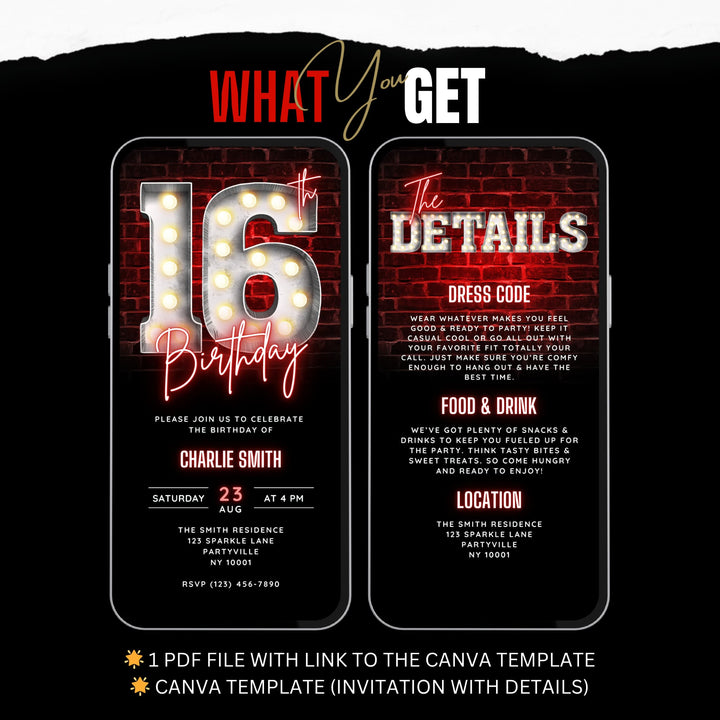 Red Sweet 16 Birthday Invitation with Details – Editable Digital Invite for Teenagers